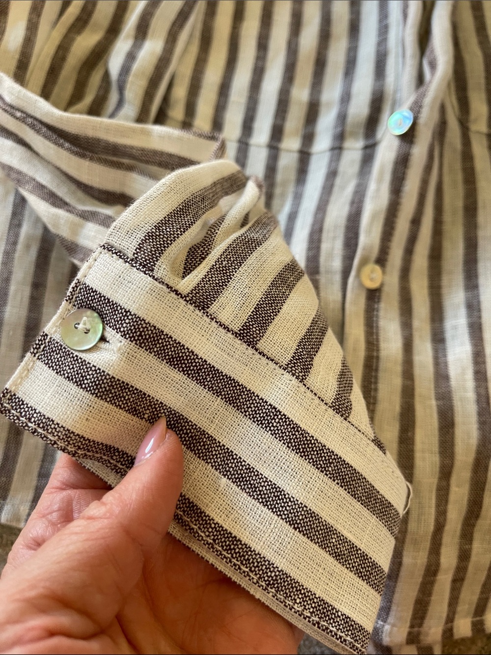 Cynthia Rowley Beige and Brown Striped Linen Button-Down Shirt - Picture 5 of 5